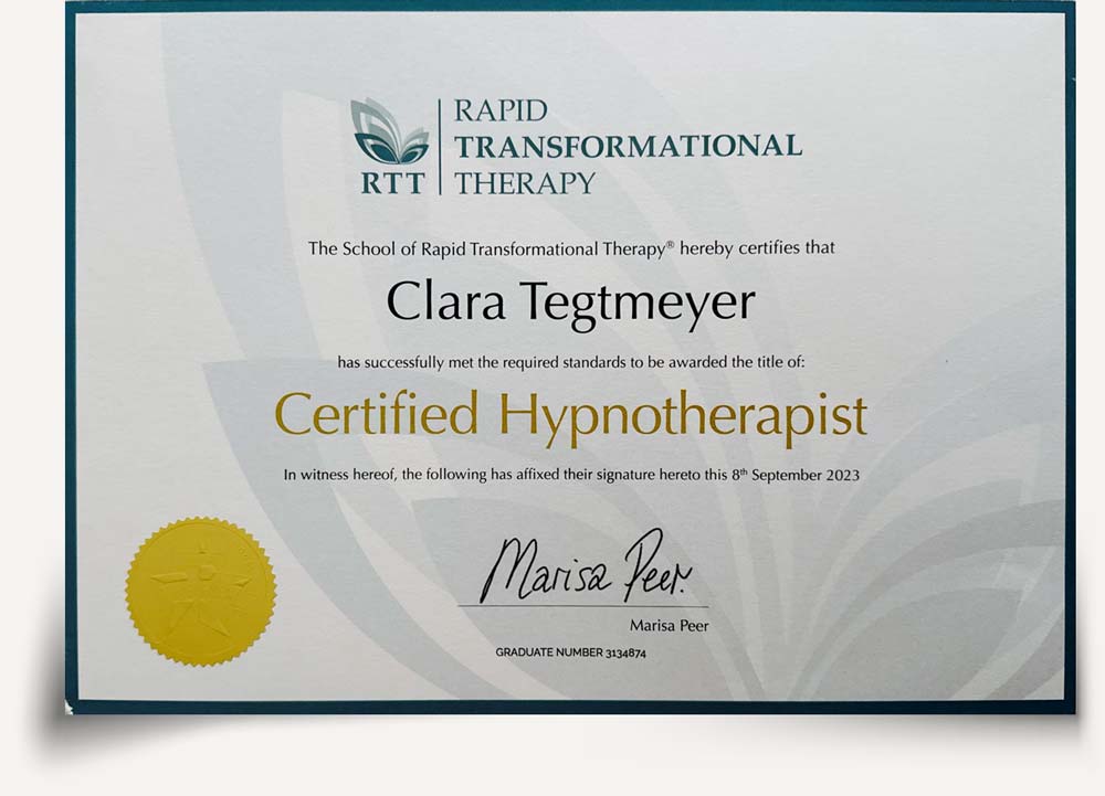 Zertifikat - Certified Hypnotherapist Clara Tegtmeyer - RTT - 2023
